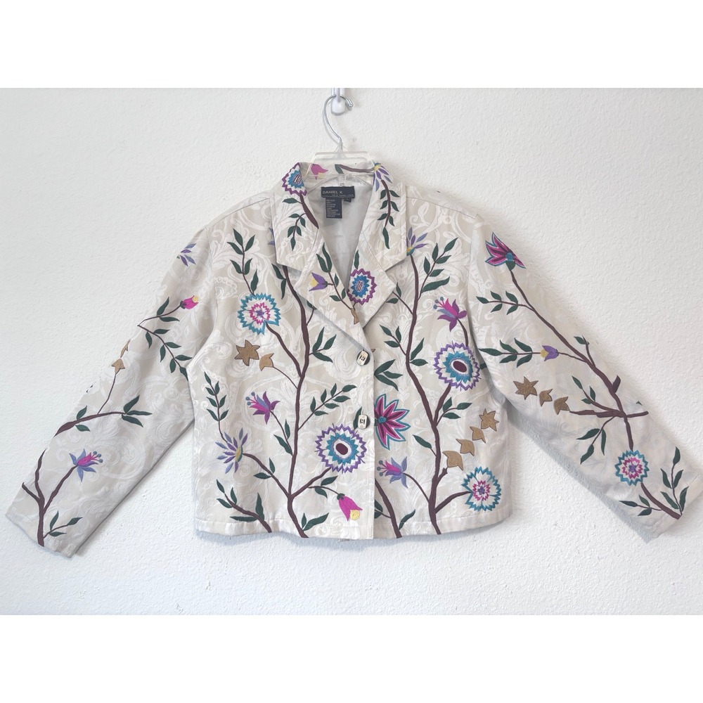 Daniel K Embroidered Jacket Womens Large Cream Floral Boho Cropped Vintage Y2K - Picture 1 of 9